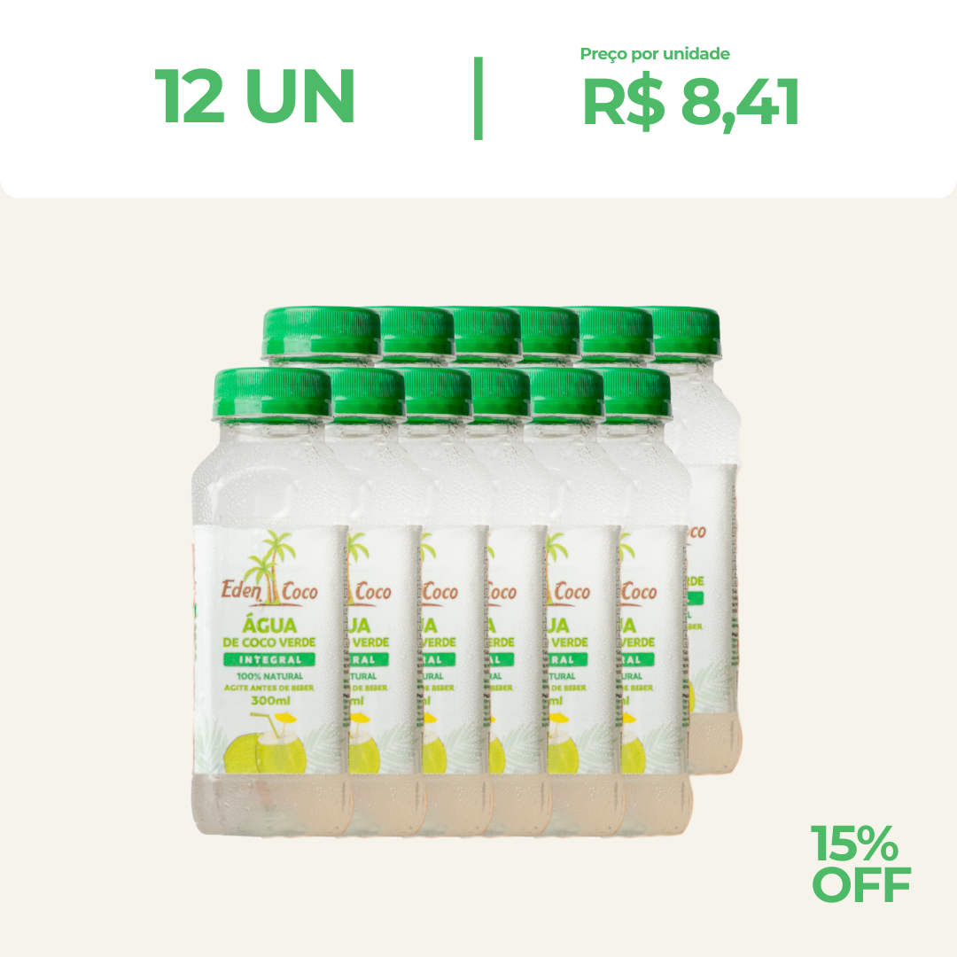 Kit 12 unidades: Água de Coco in Natura EdenCoco® – Coco Verde na Garrafa 300ml