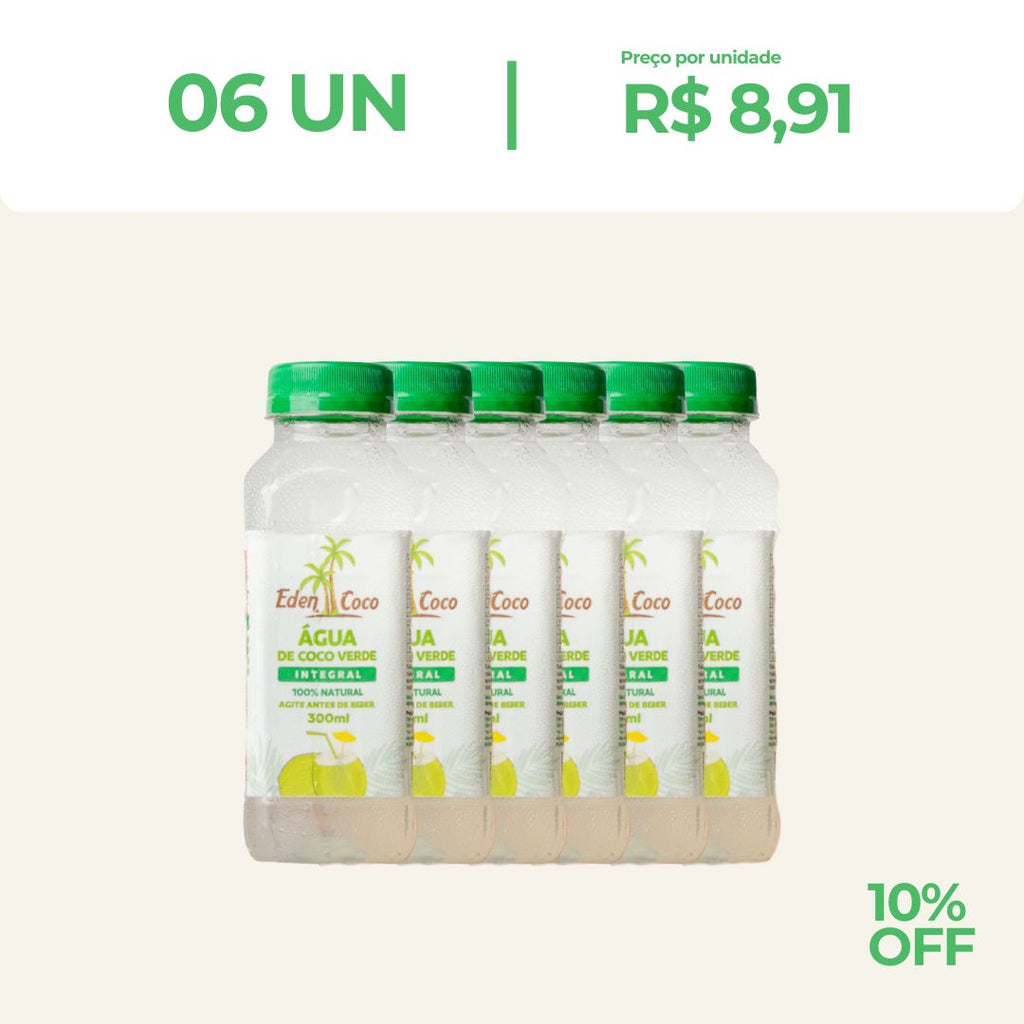 Kit 6 unidades: Água de Coco in Natura EdenCoco® – Coco Verde na Garrafa 300ml