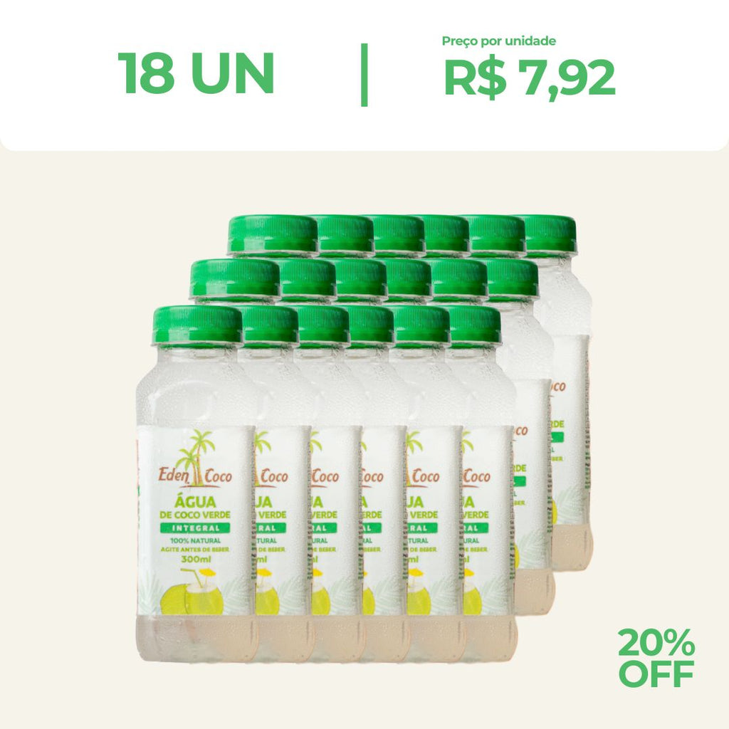 Kit 18 unidades: Água de Coco in Natura EdenCoco® – Coco Verde na Garrafa 300ml